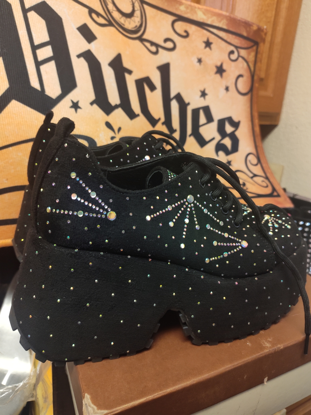 Kids Black Rhinestone Platform Sneakers